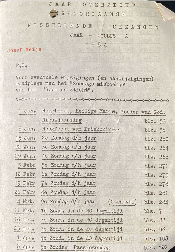 1984 Jaaroverzicht Gregoriaanse wisselende gezangen jaar cyclus A